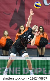 LUBIN, POLAND - DECEMBER 12, 2018: Men's Volleyball Polish PlusLiga Match Cuprum Lubin - Jastrzebski Wegiel 2:3. Serve Dawid Konarski.