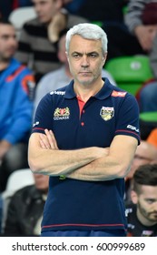 LUBIN, POLAND - FEBRUARY 22, 2017: Men's Volleyball Polish PlusLiga Match Cuprum Lubin - Lotos Trefl Gdansk 3:1. Coach Of Trefl Andrea Anastasi.