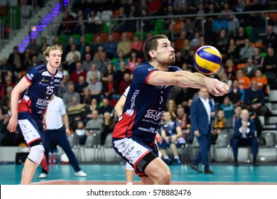 LUBIN, POLAND - JANUAR 24, 2017: 
Men's Volleyball Polish PlusLiga Match Cuprum Lubin - Zaksa Kedzierzyn-Kozle 1:3. In Action Dawid Konarski