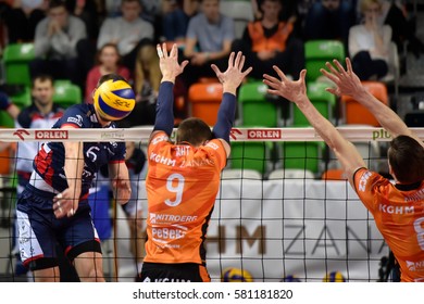 LUBIN, POLAND - JANUAR 24, 2017: Men's Volleyball Polish PlusLiga Match Cuprum Lubin - Zaksa Kedzierzyn-Kozle 1:3. Attack Dawid Konarski.