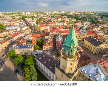 Lublin from the bird's eye view. Old Town, Trinitarian Tower, Crown Tribunal and other monuments of Lublin.