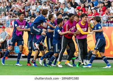 LUBLIN, POLAND - 04 June, 2019:  FIFA U-20 World Cup Poland 2019, Japan - South Korea O.p Japan U20 Team Celebrate A Goal