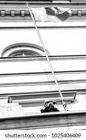 Lublin, Poland - 23 March 2013: A Man Playing Bugle Call On Trumpet On The Terrace Of The New Town Hall In Lublin