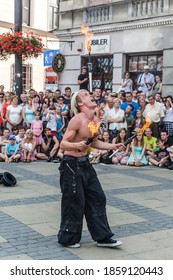 Lublin, Poland - July 27, 2014: Aerial Manx With Burning Torches At New Circus And Busking Festival Carnaval Sztukmistrzow