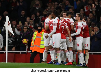Lucas Torreira of Arsenal is congratulated after scoring the opening goal - Arsenal v Huddersfield Town, Premier League, Emirates Stadium, London (Holloway) - 8th December 2018