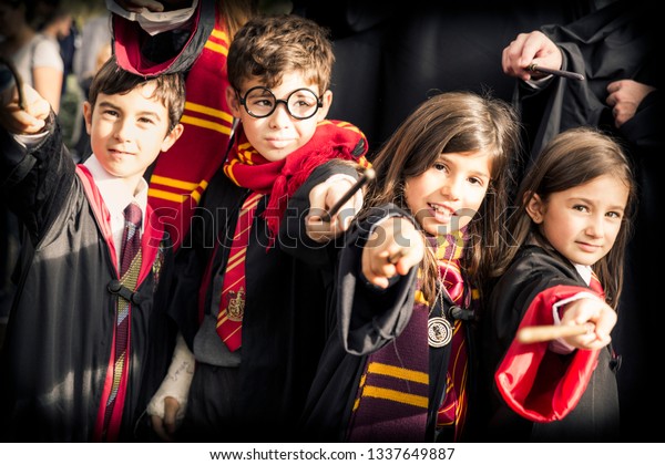 Lucca, Italy, 03/11/2018: Children disguised as Harry Potter during the carnival organized in the city of Lucca in Italy