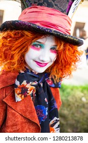 Lucca, Italy, 03/11/2018: During The Carnival Days A Cosplayer Dressed As A Mad Hatter, Character Of The Famous Movie Of Alice In Wonderland