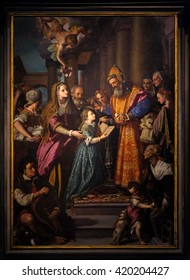 LUCCA, ITALY - JUNE 06, 2015: Altarpiece depicting Presentation of Mary to the temple, work by Alessandro Allori in Cathedral of St.Martin in Lucca, Italy, on June 06, 2015