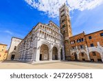 Lucca, Tuscany, Italy. Facade and bell tower of Lucca Cathedral.