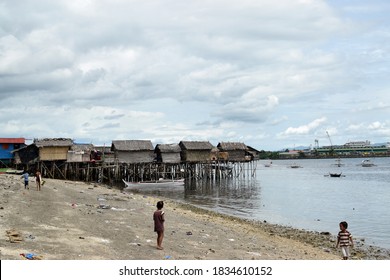 Lucena City, Quezon, Philippines - October 11, 2020: Over Water Stilt Bajau Shanty Houses Built By Indigenous People In The Philippines. Long Shot