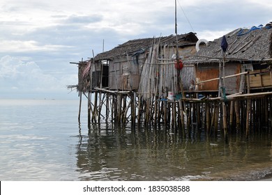 Lucena City, Quezon, Philippines - October 11, 2020: Bamboo Poles Support The Stilt Bajau Shanty Houses Built By Indigenous People In The Philippines. Lmedium Long Shot