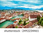 Lucerne city aerial panoramic view. Lucerne or Luzern is a city in central Switzerland.