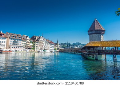 LUCERNE, SWITZERLAND, 8 AUGUST 2020: The Beautiful Landscape Of The Kapellbrücke Bridge