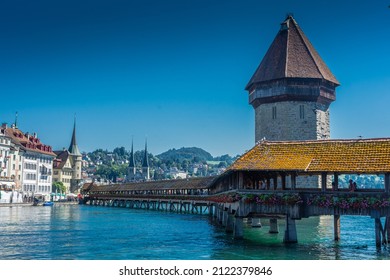 LUCERNE, SWITZERLAND, 8 AUGUST 2020: The Beautiful Landscape Of The Kapellbrücke Bridge