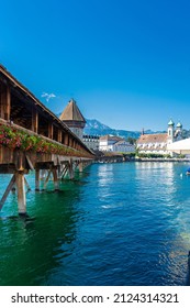 LUCERNE, SWITZERLAND, 8 AUGUST 2020: The Beautiful Landscape Of The Kapellbrücke Bridge