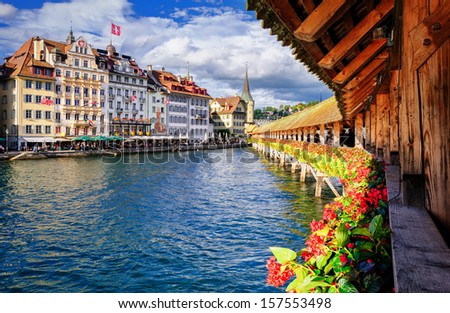 Lucerne, Switzerland, view on the old city from famous Chapel Bridge