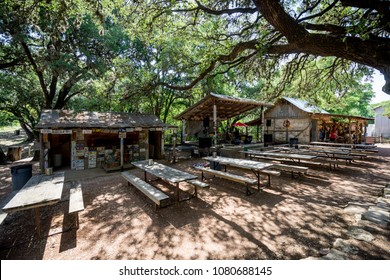 LUCKENBACH, TEXAS - APRIL 29th, 2018: Outdoor Music Venue Behind The Old Post Office In Luckenbach Texas. Made Famous By The Song Luckenbach Texas By Waylon Jennings And Willie Nelson