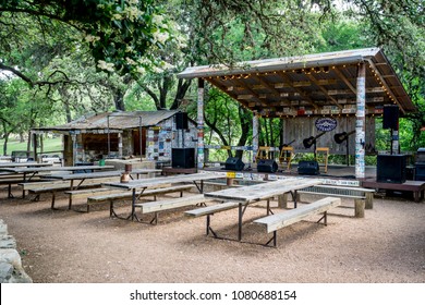 LUCKENBACH, TEXAS - APRIL 29th, 2018: Outdoor Music Venue Behind The Old Post Office In Luckenbach Texas. Made Famous By The Song Luckenbach Texas By Waylon Jennings And Willie Nelson