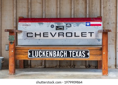 Luckenbach, Texas, USA. April 13, 2021. Bench Made From A Chevrolet Pickup Truck Tailgate.