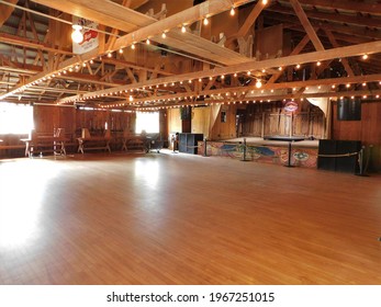 Luckenbach, Texas USA. April, 14 2021.  The Dancehall In Luckenbach Texas.  Interior Of Country Dance Hall And Concert Venue. 