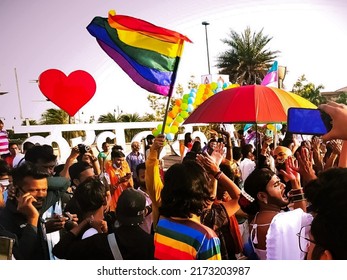 LUCKNOW INDIA 27 MAR 2022: Unidentified People Attend A Gay Pride Event, Equality Parade On The Streets Of Lucknow. Gay, Lesbian, Trans, Hetero People In LGBT Pride Parade.