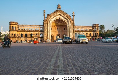 Lucknow, Uttar Pradesh, India, Feb 18 2022: city Traffic near Rumi Darwaza in Lucknow, The structure is an imposing gateway which was built under the patronage of Nawab Asaf-Ud-Daula in 1784.