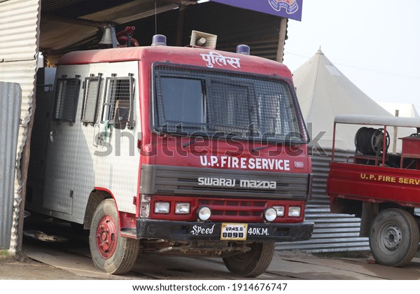 Lucknow, Uttar Pradesh India- February 09\
2021: National Fire control vehicles are used to control flame.\
Rescue trucks waiting at the control\
center.