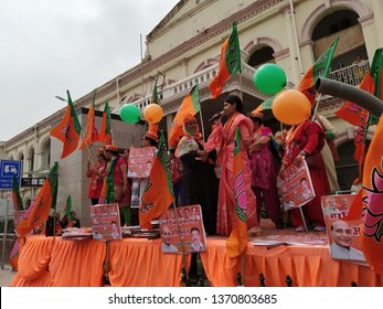 Lucknow, Uttar Pradesh /India-april 16 2019: On 16 April, Rajnath Singh Arrived Lucknow To Fill Nomination, The Women On Stage Were Promoting BJP With Full Enthusiasm