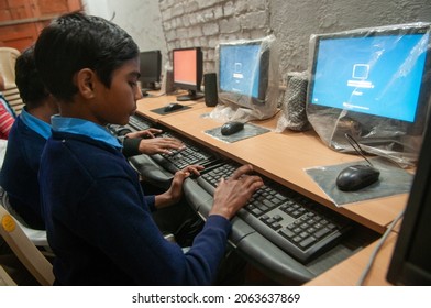 Lucknow, Uttar Pradesh, India-Feb 6 2012: Boys In A Government School While Learning Computer Programming In Lucknow