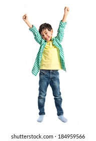 Lucky Brunette Kid Over Isolated White Background 