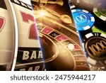 Lucky Casino Games Concept Illustration. Roulette, Slots and Casino Chips.