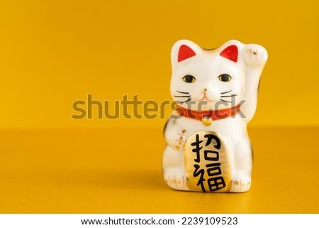 
A lucky cat figurine. In Japan, it is called manekineko. It is written as good luck in Japanese.