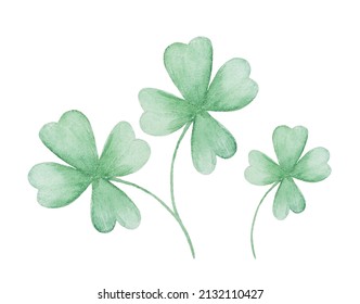 Lucky clover leaves with four leaf. Patricks day watercolor clipart
