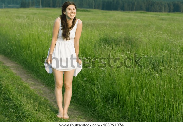 Lucky Girl Standing Barefoot Field Stock Photo (Edit Now) 105291074