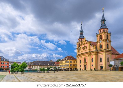 Ludwigsburg city historic center, Ludwigsburg City Church Evangelische Stadtkirche, old houses buildings on Marktplatz Market square in old town Ludwigsburg Mitte, Baden-Württemberg state, Germany
