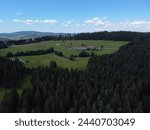 Luftbild eines Bauernhofs in der Ferne im Schwarzwald (Saig, Rotkreuz)