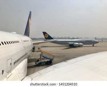 Lufthansa Airbus A380 And Boeing B747-800 In Retro Livery On Apron At Beijing Airport Taken On 16 May 2019