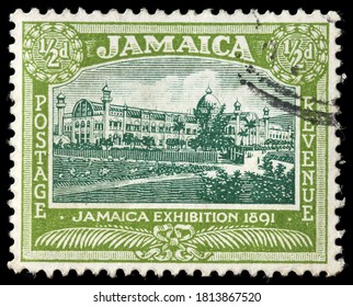 LUGA, RUSSIA - APRIL 10, 2020: A stamp printed by JAMAICA shows view of  Jamaica International Exhibition building in Kingston, 1891, circa 1922