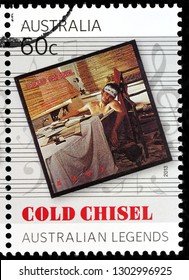 LUGA, RUSSIA - JANUARY 22, 2019:  A stamp printed by AUSTRALIA shows the cover of East - the third studio album by Australian pub rock band Cold Chisel, released in 1980, circa 2013.