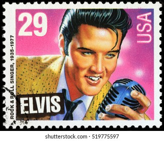 LUGA, RUSSIA - NOVEMBER 6, 2016: A stamp printed by UNITED STATES shows image portrait of famous American singer Elvis Presley, circa 1993