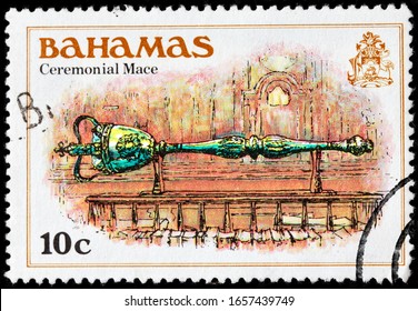 LUGA, RUSSIA - OCTOBER 05, 2019: A Stamp Printed By BAHAMAS Shows Ceremonial Mace, Circa 1980.