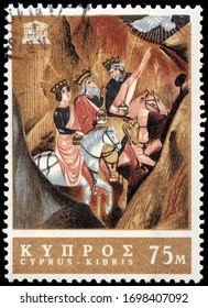 LUGA, RUSSIA - OCTOBER 15, 2019: A Stamp Printed By CYPRUS Shows The Three Wise Men, 15th Century Painting, Circa 1967