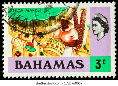 LUGA, RUSSIA - OCTOBER 5, 2019: A stamp printed by BAHAMAS shows view of The Nassau Straw Market located on Bay Street in downtown, circa 1971