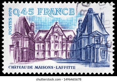 LUGA, RUSSIA - SEPTEMBER 02, 2019: A Stamp Printed By FRANCE Shows Chateau De Maisons-Laffitte Designed By Mansart, Is A Prime Example Of French Baroque Architecture, Circa 1979