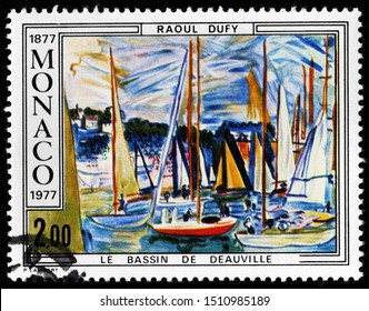 LUGA, RUSSIA - SEPTEMBER 02, 2019: A stamp printed by MONACO shows painting Marina Deauville by famous French Fauvist painter Raoul Dufy, circa 1977