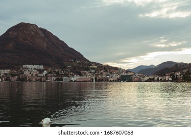 Lugano Lake With The Background Of The Monte Brè