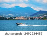 Lugano lake and Lugano city panoramic view in canton of Ticino in Switzerland