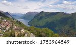 Lugano lake and Monte San Salvatore view from Monte Bre, Switzerland.