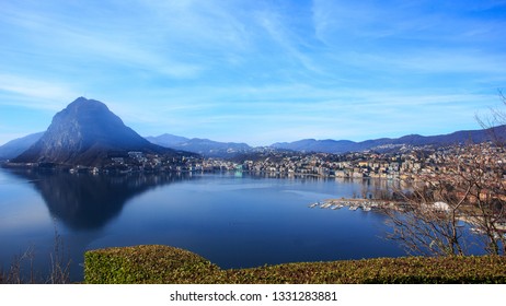 Lugano, Switzerland. Beautiful Panoramic View Of Lugano City From Monte Brè Mountain.