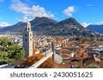 Lugano, Switzerland at dawn in autumn on Lake Lugano.